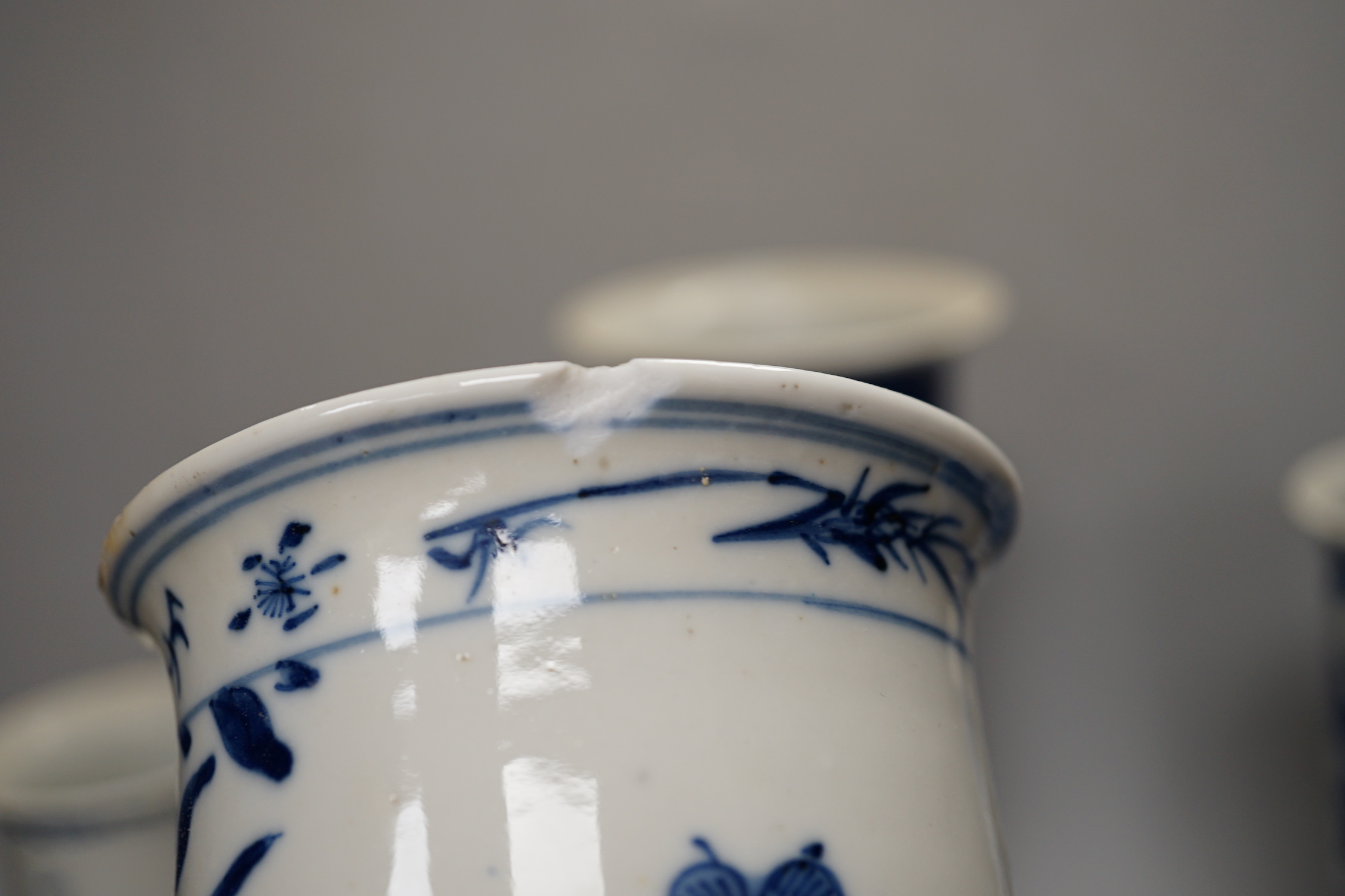Nine assorted Chinese blue and white cylinder vases, 19th/20th century, tallest 30cm high (a.f.)